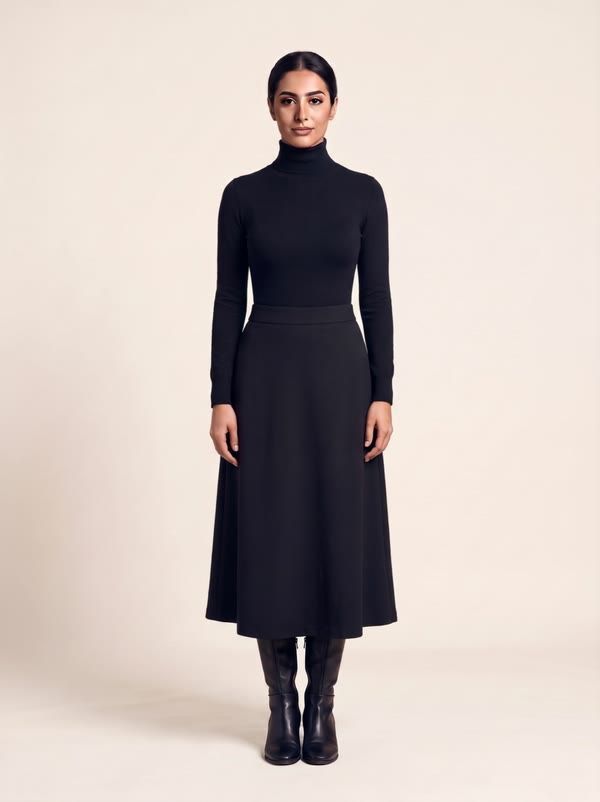 DAFLEEN model in a black turtleneck and midi skirt